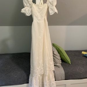 Crocheted off-white puffy sleeve Empire waist dress